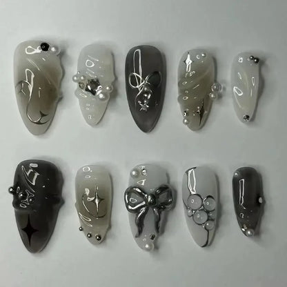 24Pcs Press on Nails, Silver Bow with Diamond with Glue Almond Nail Set