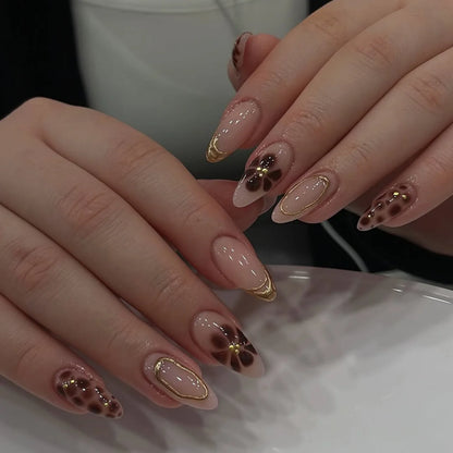 24Pcs Press on Nails, Silver Bow with Diamond with Glue Almond Nail Set
