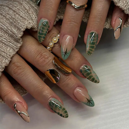 24Pcs Press on Nails, Silver Bow with Diamond with Glue Almond Nail Set