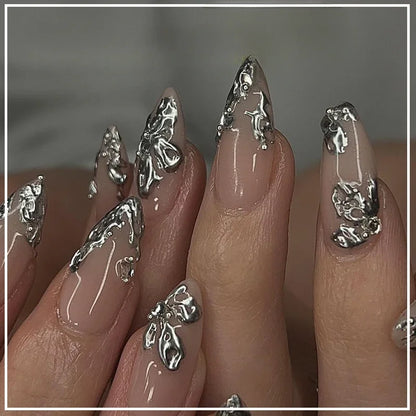 24Pcs Press on Nails, Silver Bow with Diamond with Glue Almond Nail Set