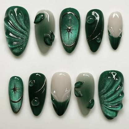 24Pcs Press on Nails, Silver Bow with Diamond with Glue Almond Nail Set