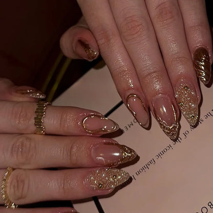 24Pcs Press on Nails, Silver Bow with Diamond with Glue Almond Nail Set