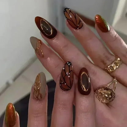 24Pcs Press on Nails, Silver Bow with Diamond with Glue Almond Nail Set