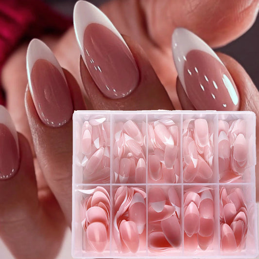 Nude Pink Almond French False Nails White Tip