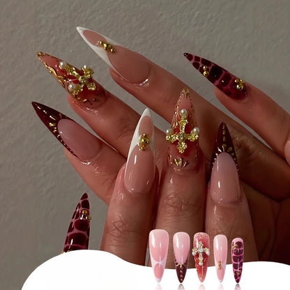 24Pcs Press on Nails, Silver Bow with Diamond with Glue Almond Nail Set