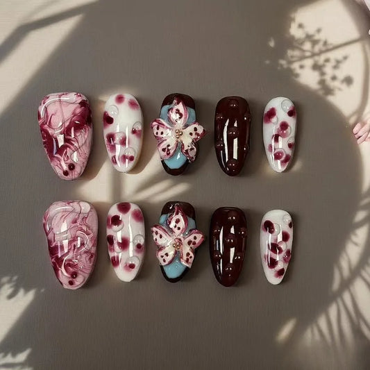 10Pcs Red Handmade 3D Carved White Flower False Nails