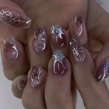 24Pcs Press on Nails, Silver Bow with Diamond with Glue Almond Nail Set