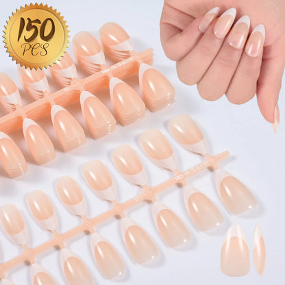 Nude Pink Almond French False Nails White Tip